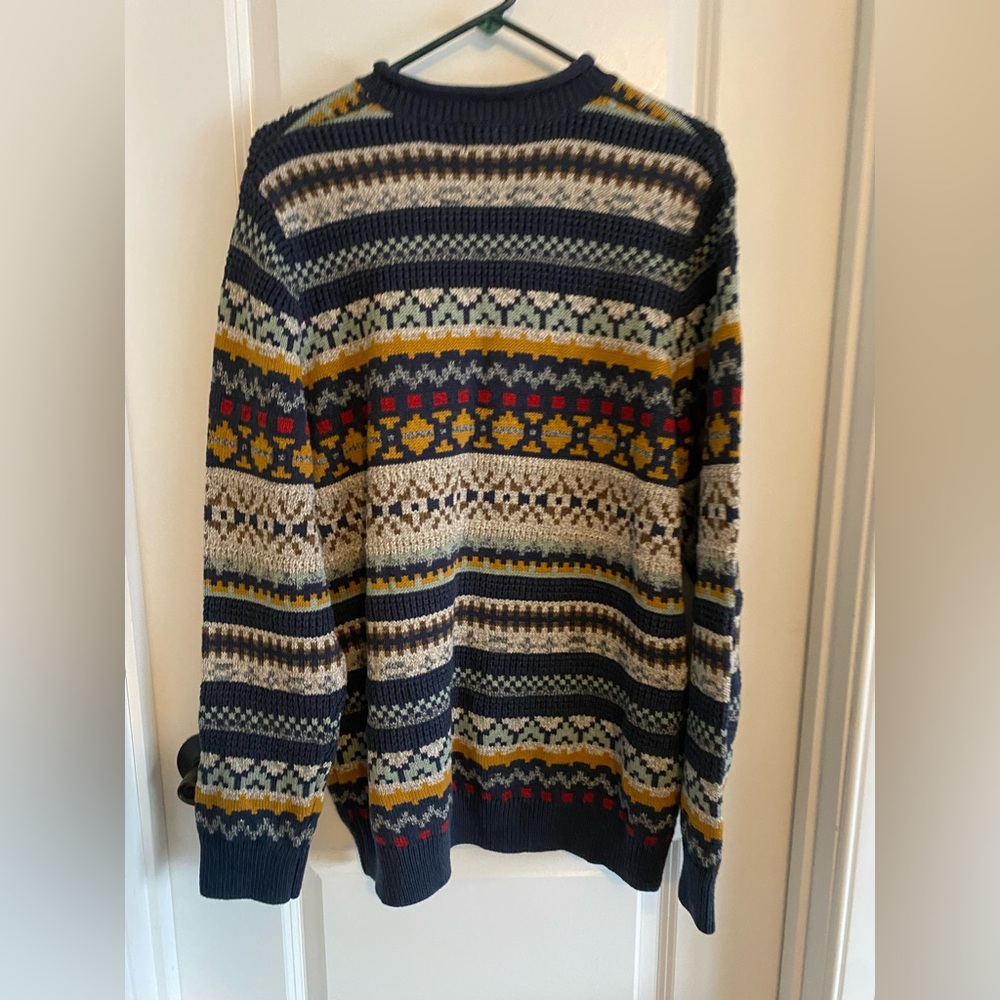 L.L. Bean Men's Organic Cotton Roll Neck Navy and Yellow Patterned Sweater - Picture 8 of 9